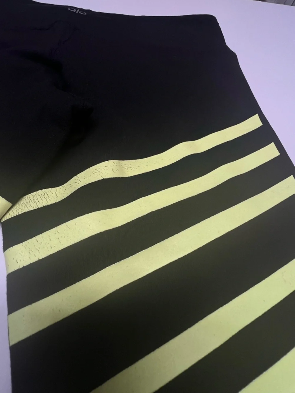 ALO YOGA High Waist Leggings Black Neon Yellow Striped Athletic Pants Size M‎